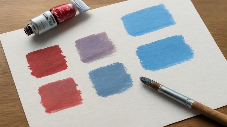 Paint swatches of cool blue and deep red mixing