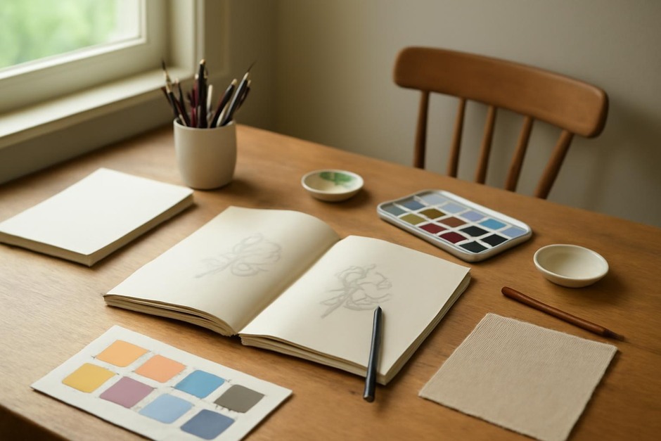 Abstract art desk with color swatches, brush marks, and sketchbook studies.