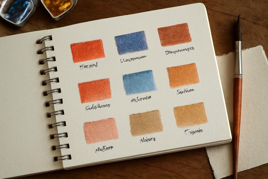 Travel sketchbook with limited palette swatches