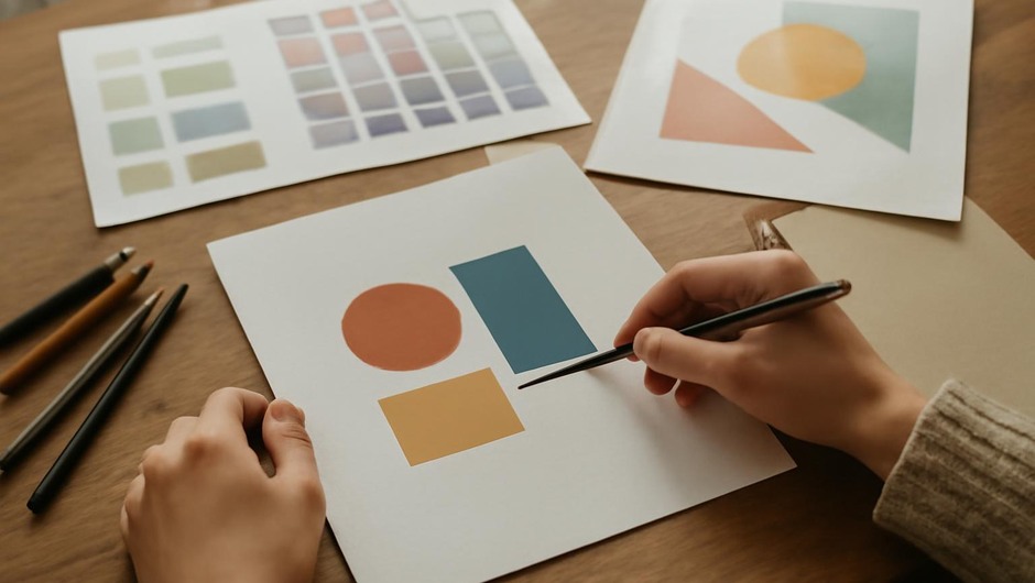 Bright studio image with paint textures, paper layers, and geometric color blocks.